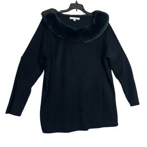 Mercer Street Studio Woman 1X Black Acrylic Sweater Faux Fur Collar Long Sleeve
